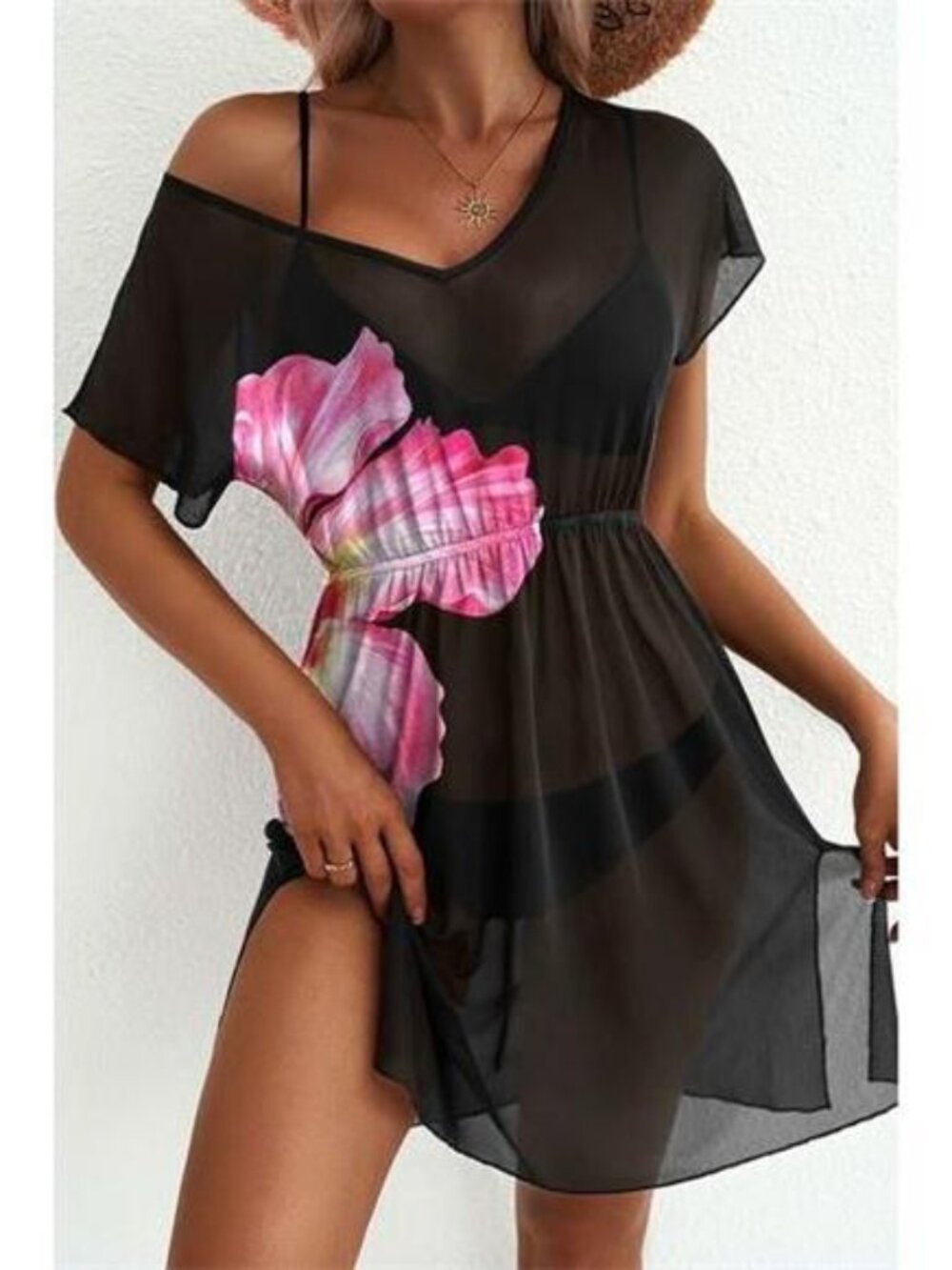 e Floral Print V Neck Semi Sheer Beach Cover Up Dress